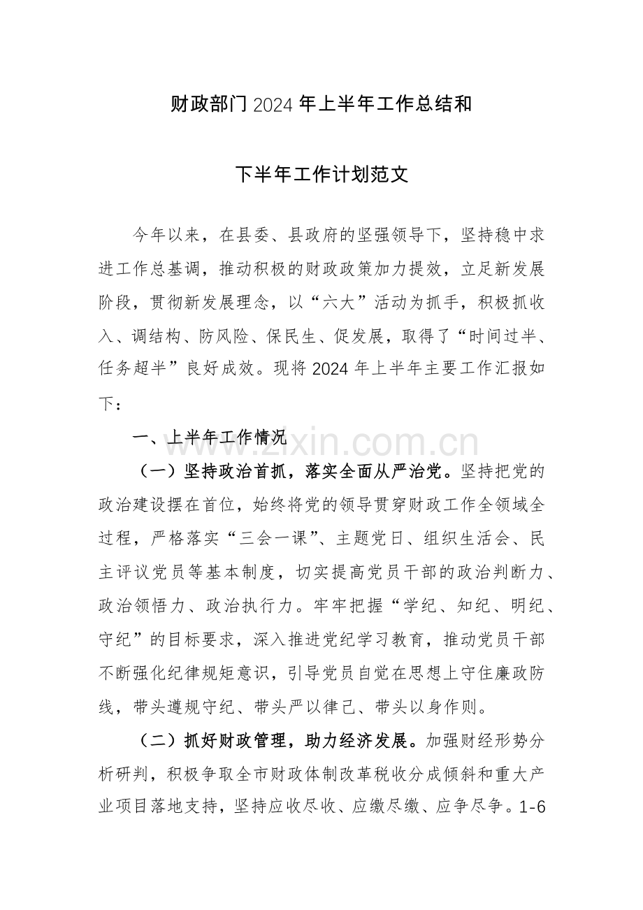 财政部门2024年上半年工作总结和下半年工作计划范文.docx_第1页