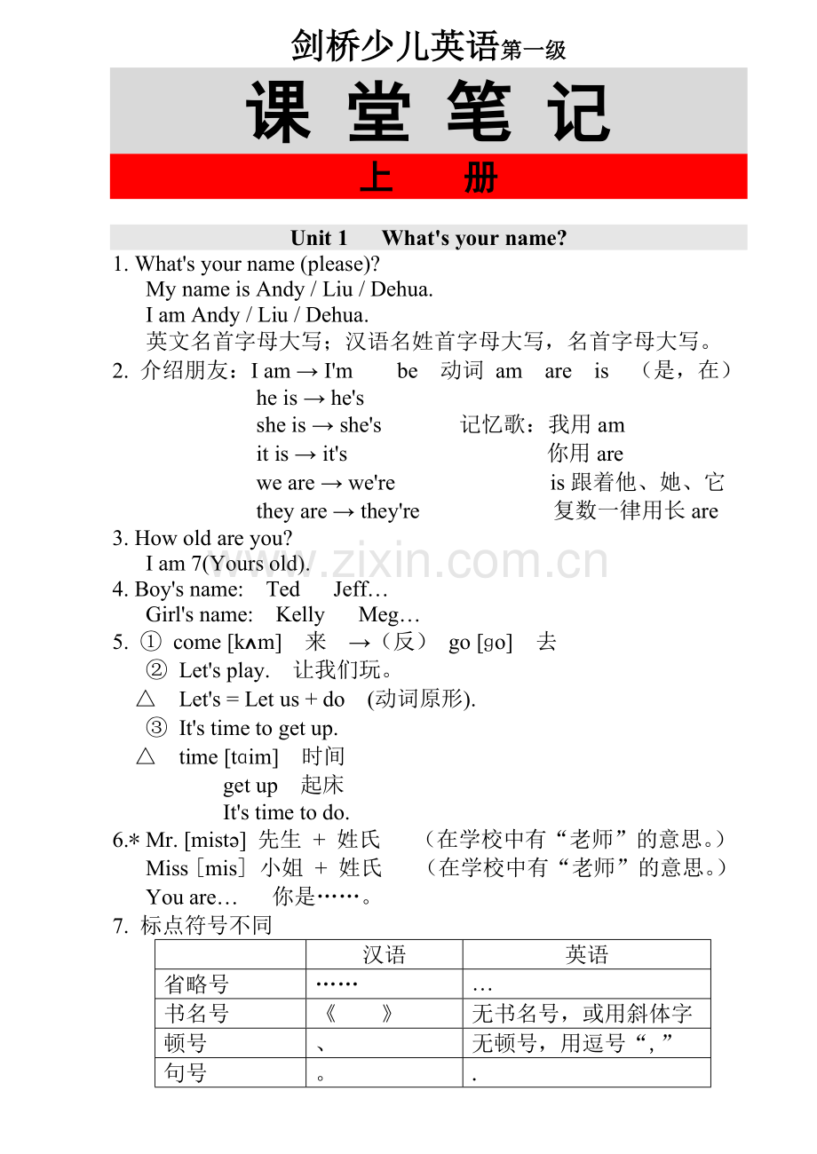 剑桥少儿英语一级课堂笔记.doc_第1页