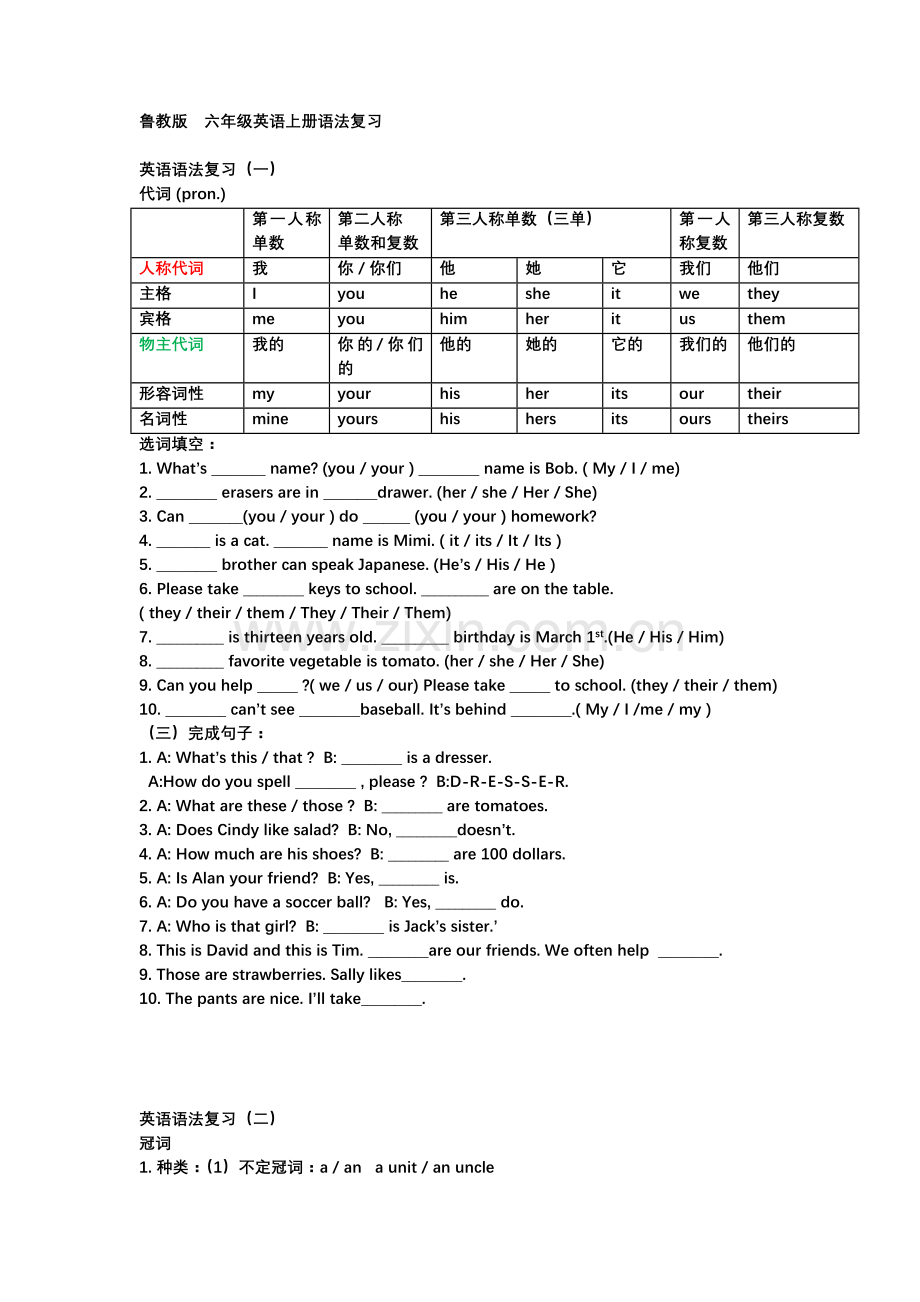 鲁教版-六年级英语上册语法复习.doc_第1页