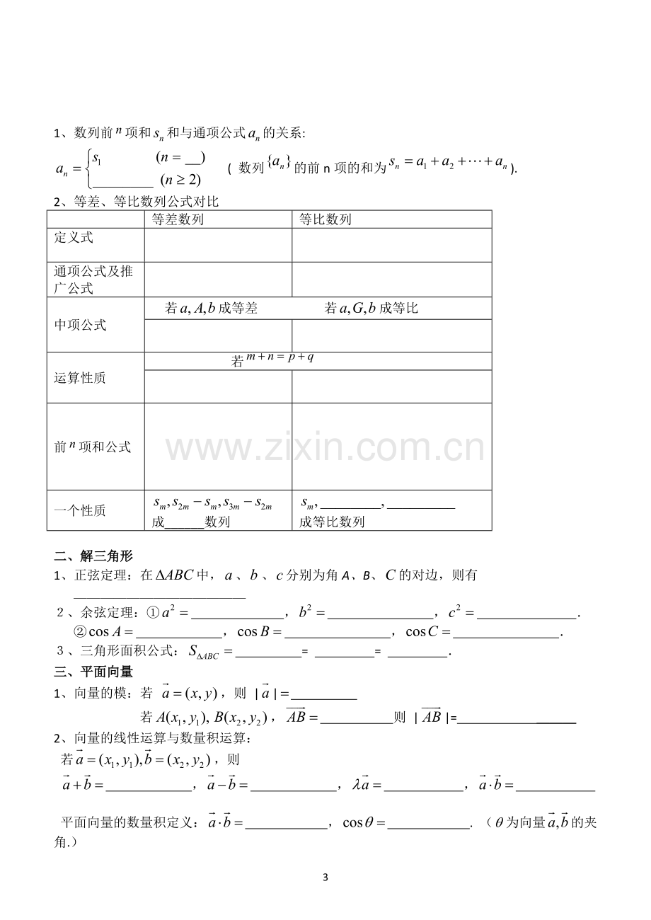 2020届高三第15次周测(文科)高中数学公式默写.pdf_第3页