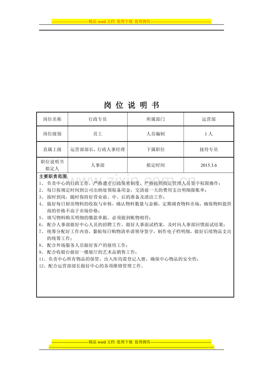 运营部—行政专员岗位说明书.doc_第1页