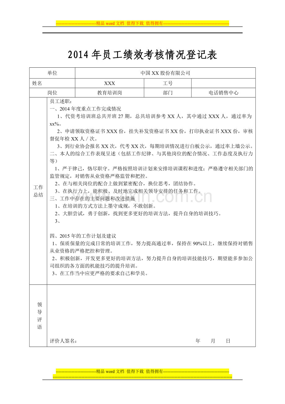 2014年一般员工绩效考核情况登记表.doc_第1页