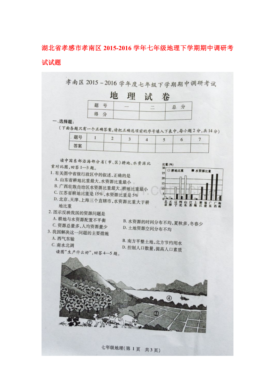 湖北省孝感市2015-2016学年七年级地理下册期中试题.doc_第1页