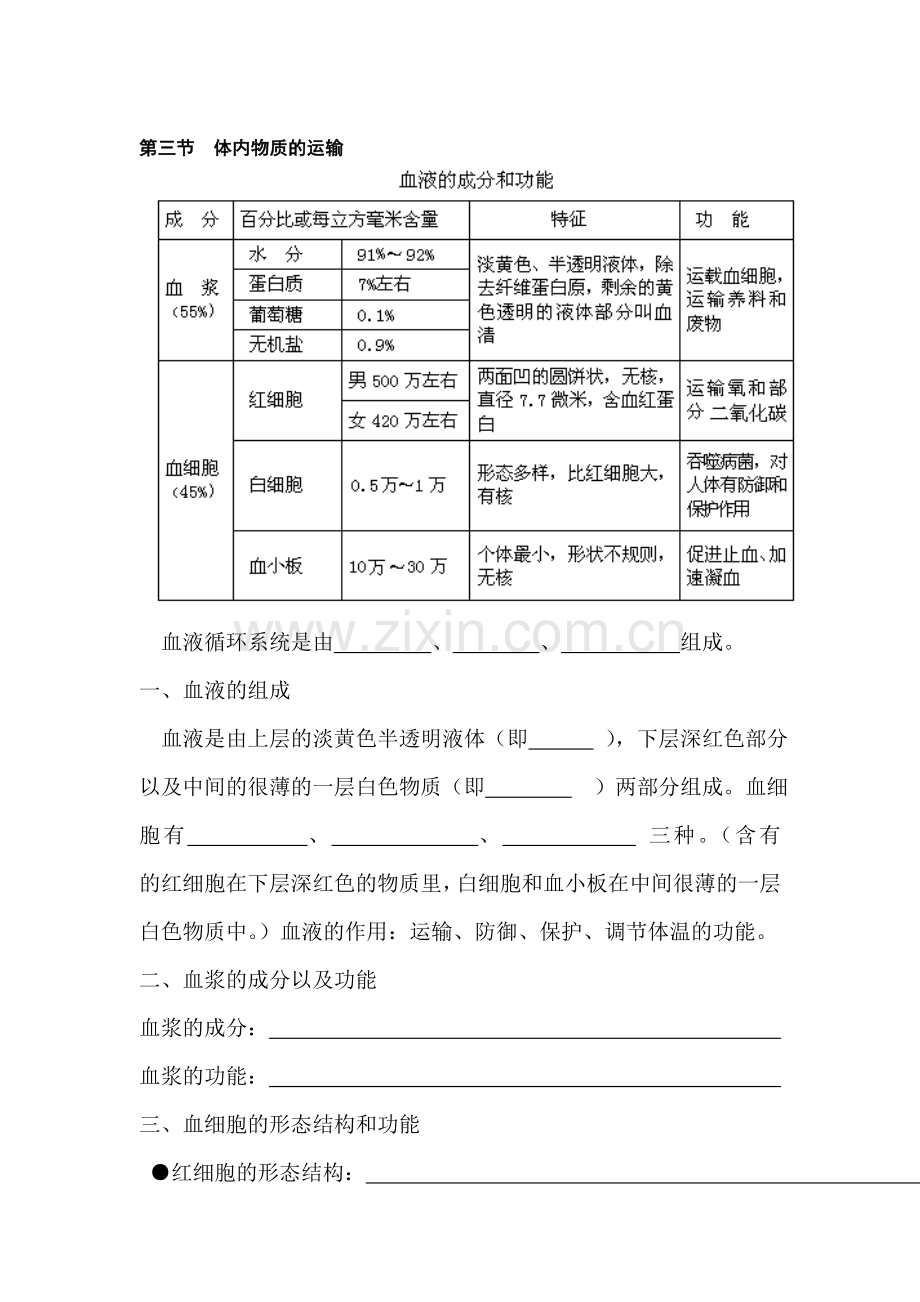 九年级科学体内物质的运输练习题2.doc_第1页