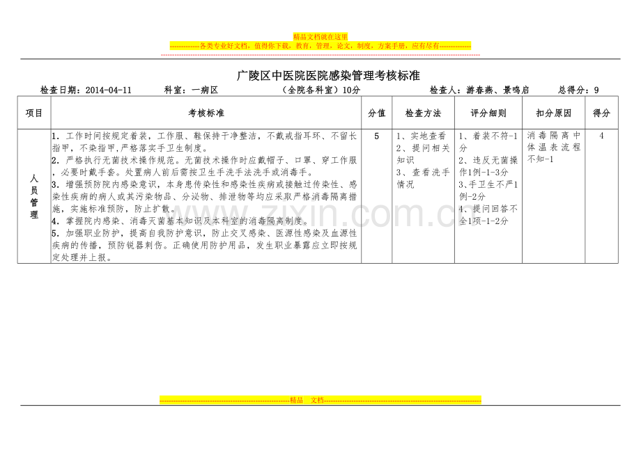 广陵区中医院医院感染管理考核标准1.doc_第1页