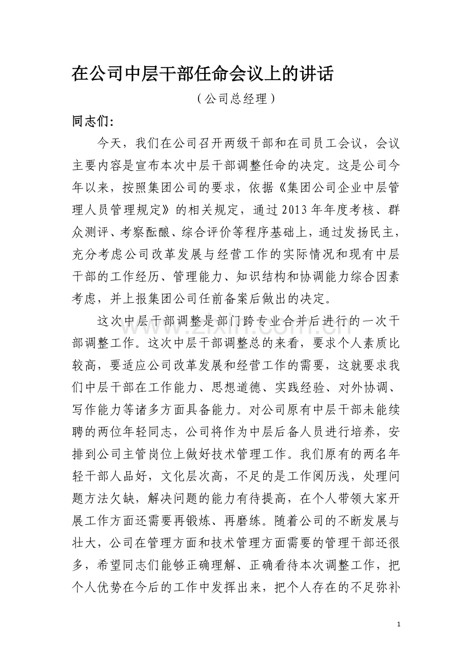 在公司中层干部任命大会上的讲话.doc_第1页