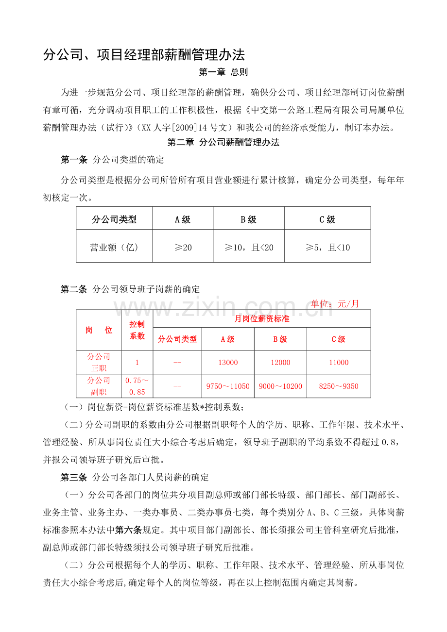 分公司、项目经理部薪酬管理办法.doc_第1页