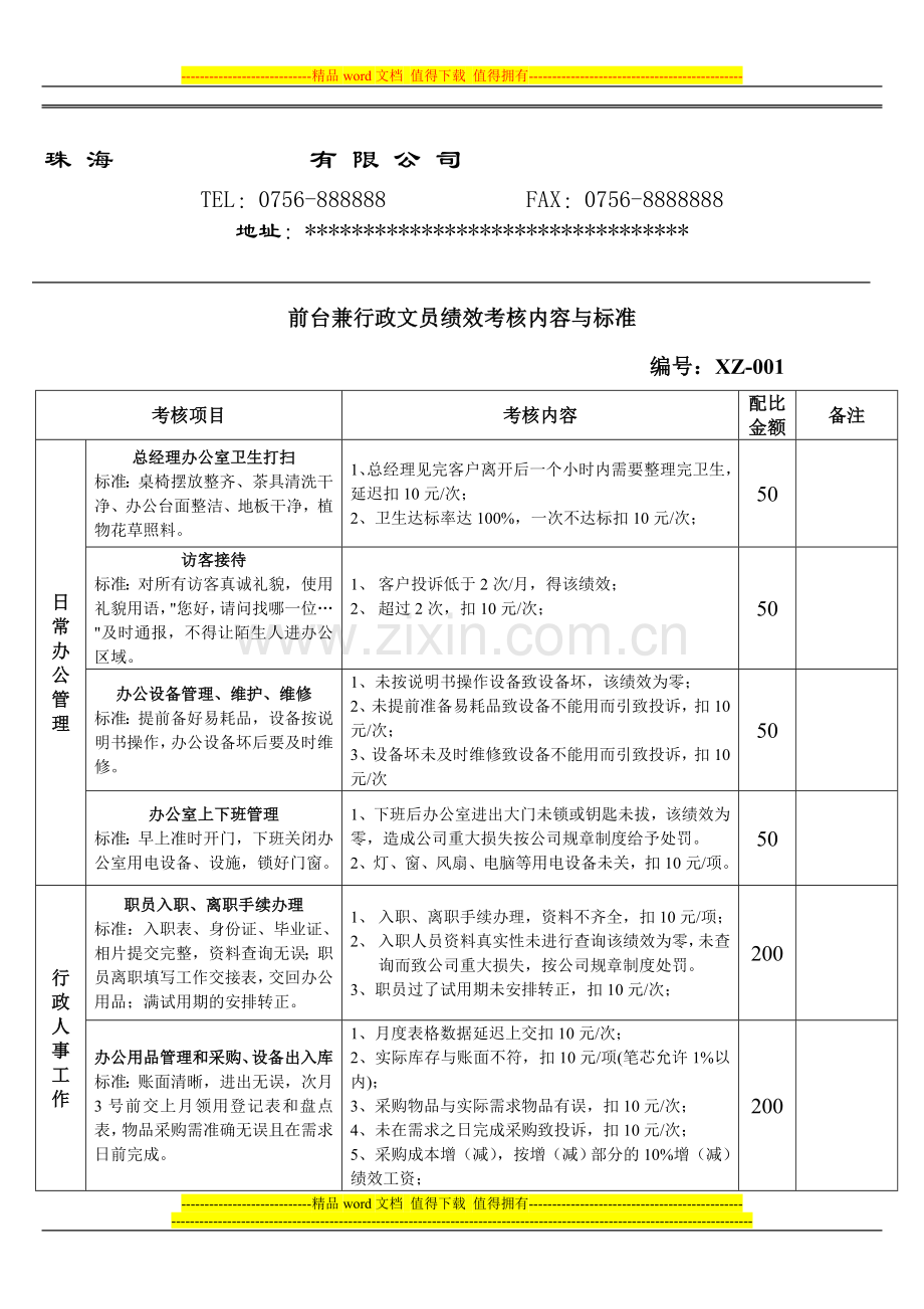 前台兼行政文员绩效考核标准..doc_第1页