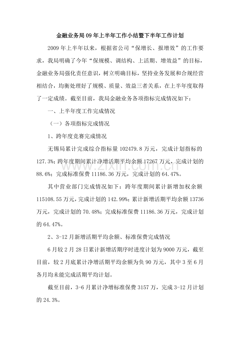 金融业务局09年上半年工作小结暨下半年工作计划.doc_第1页