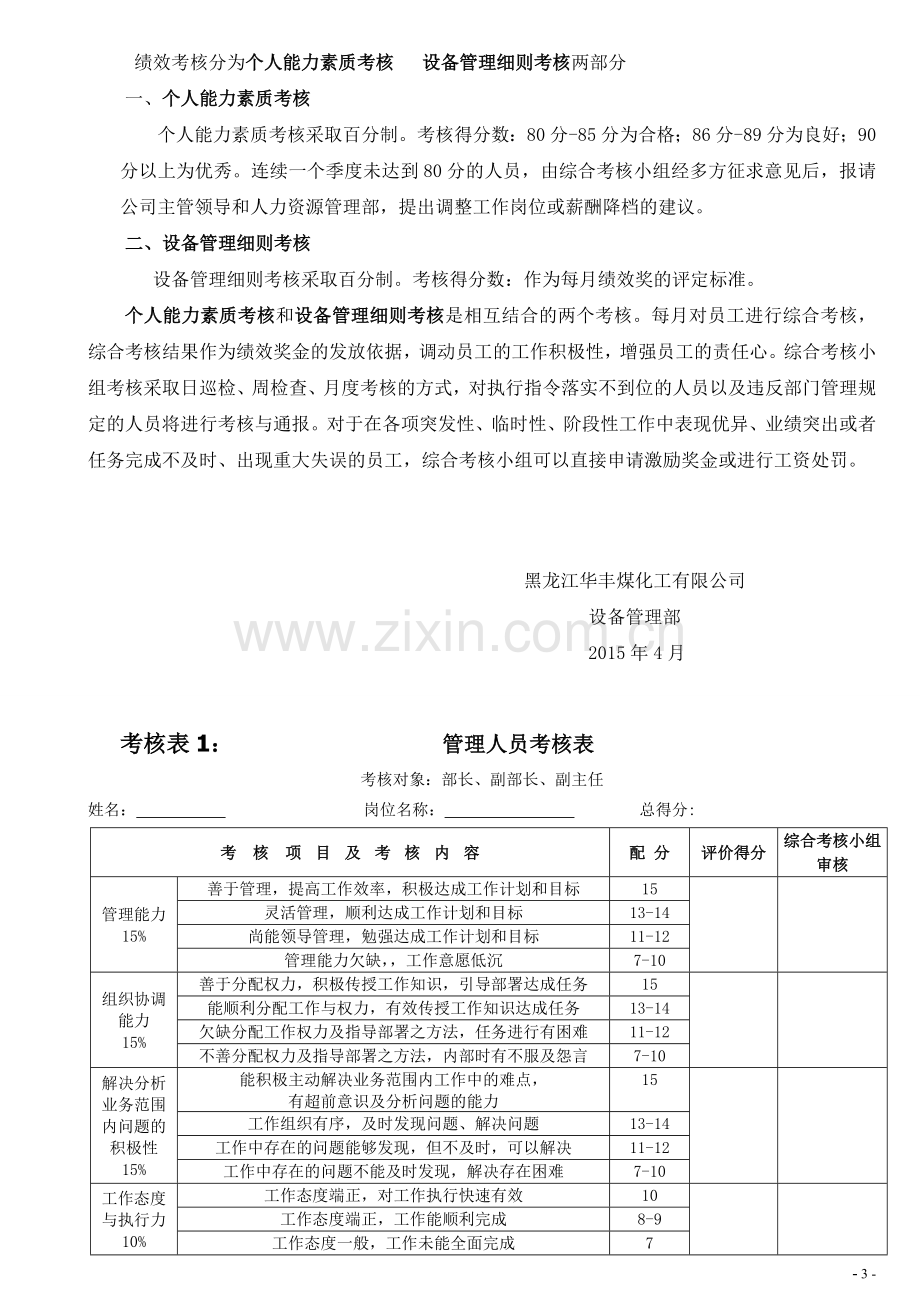 设备部(内部)绩效考核管理办法试行方案.doc_第3页