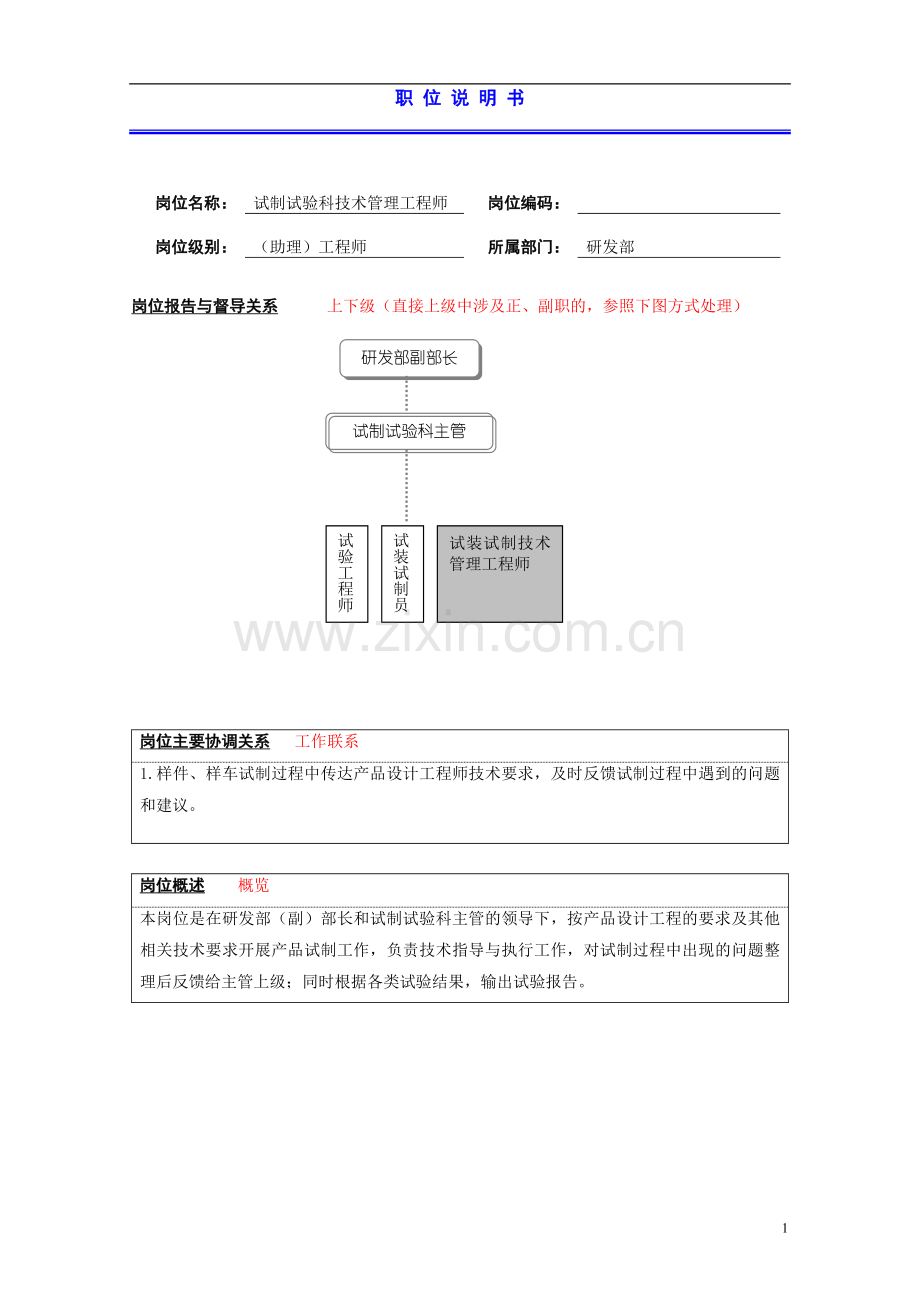 研发部试制试验科技术管理工程师岗位说明书.doc_第1页