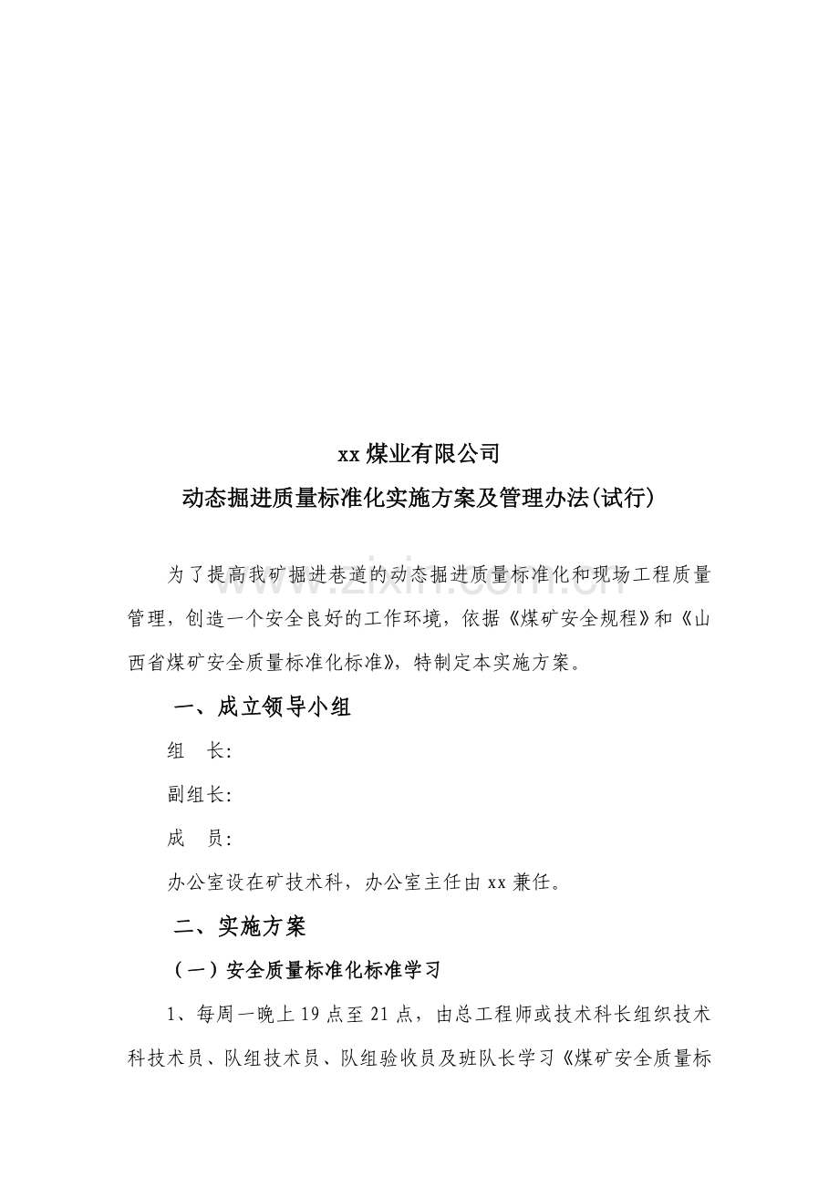 xx煤业有限公司动态掘进质量标准化实施方案及管理办法.doc_第1页