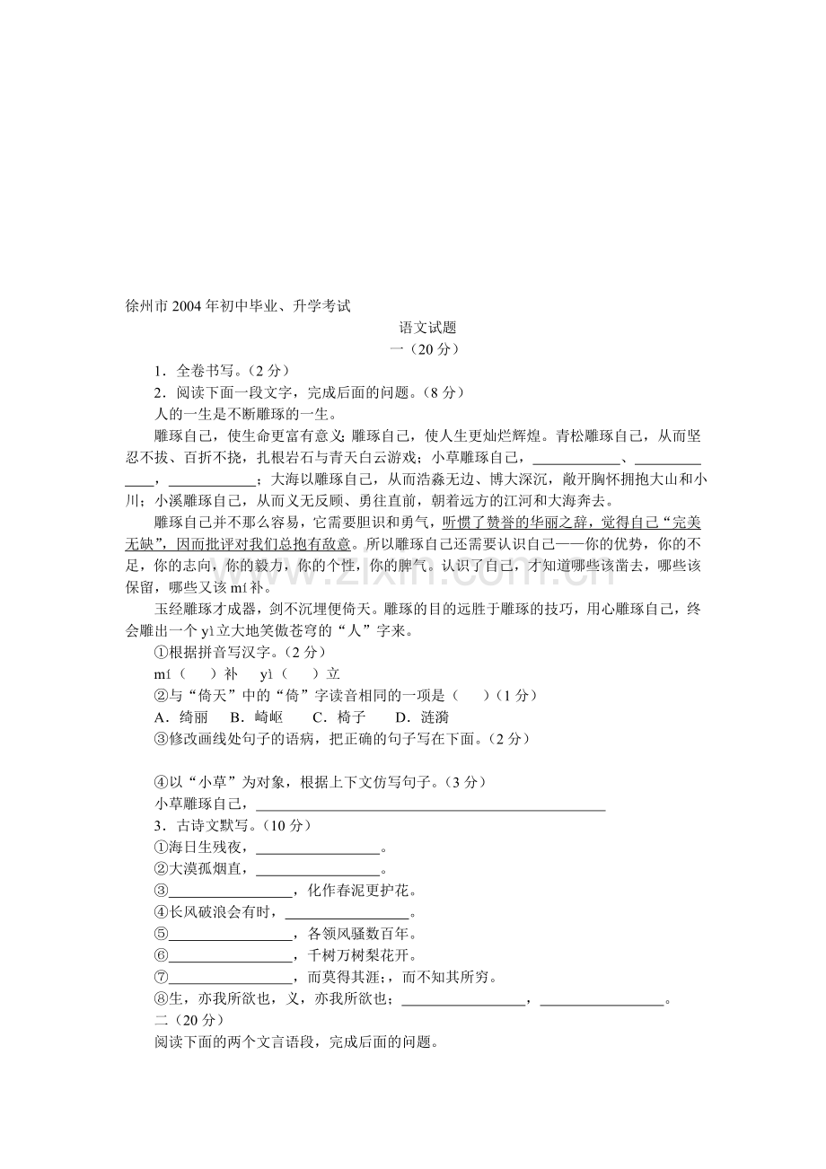 江苏省徐州市2004年初中毕业、升学考试语文试题.doc_第1页