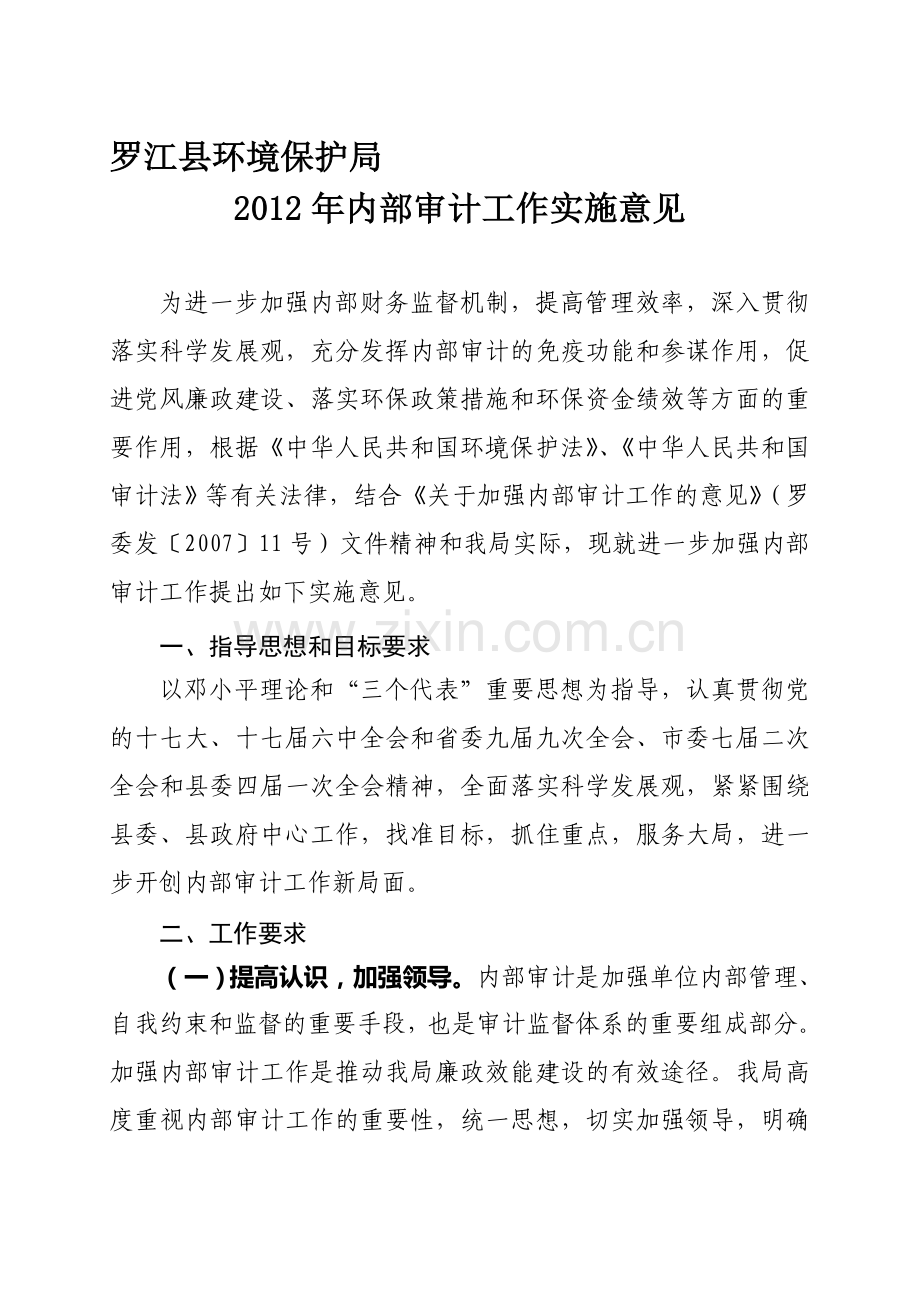 2012年环保局内部审计工作实施意见.doc_第1页