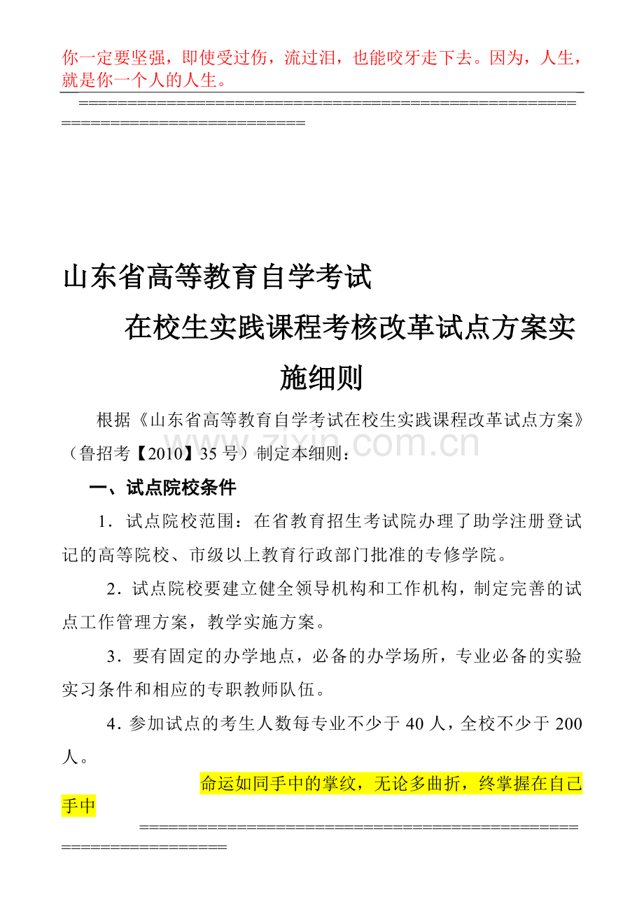 山东省高等教育自学考试在校生实践课程考核试点方案实施细则..doc_第1页