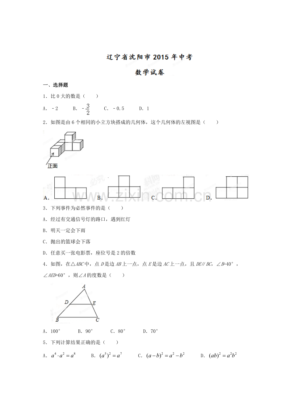 2015年辽宁省沈阳中考数学试题.doc_第1页