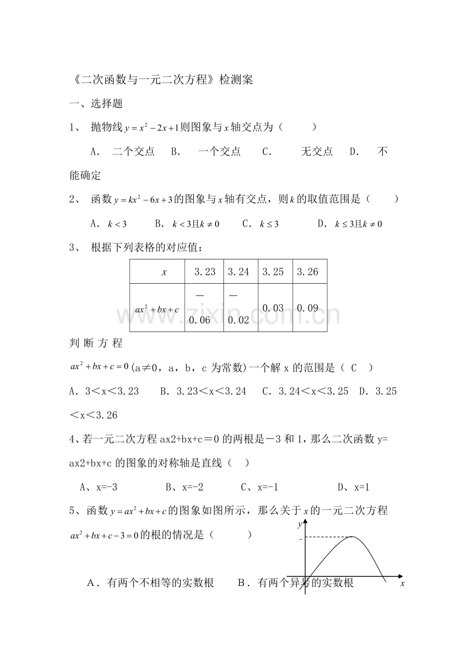 九年级数学二次函数与一元二次方程检测试题.doc_第1页