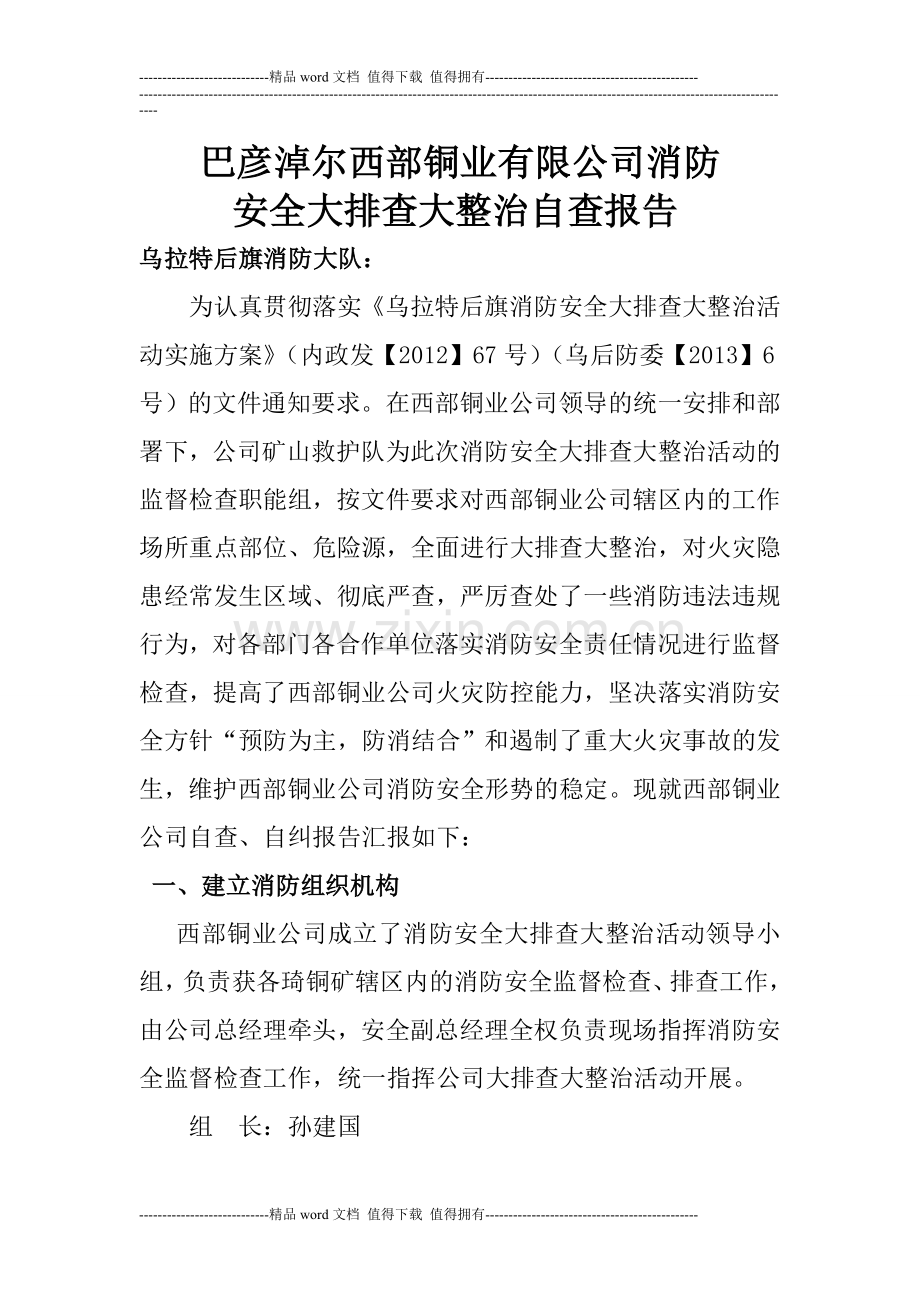 巴彦淖尔西部铜业有限公司消防安全自查报告.doc_第1页