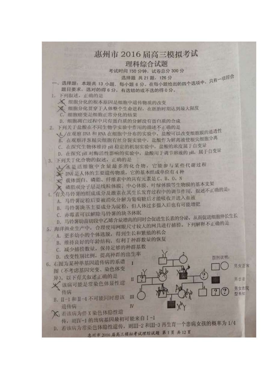 广东省惠州市2016届高三生物下册4月模拟考试题.doc_第1页