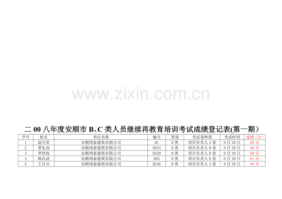 二00八年度安顺市B-C类人员继续再教育培训考试成绩登记表(第一期).doc_第2页