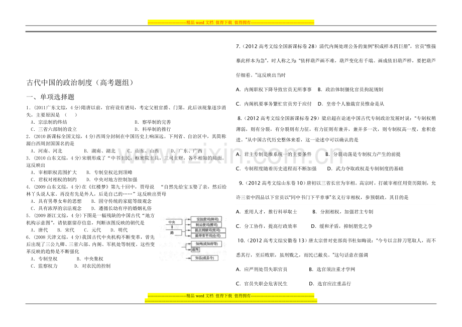 古代中国的政治制度(高考试题分类汇总)[1].doc_第1页