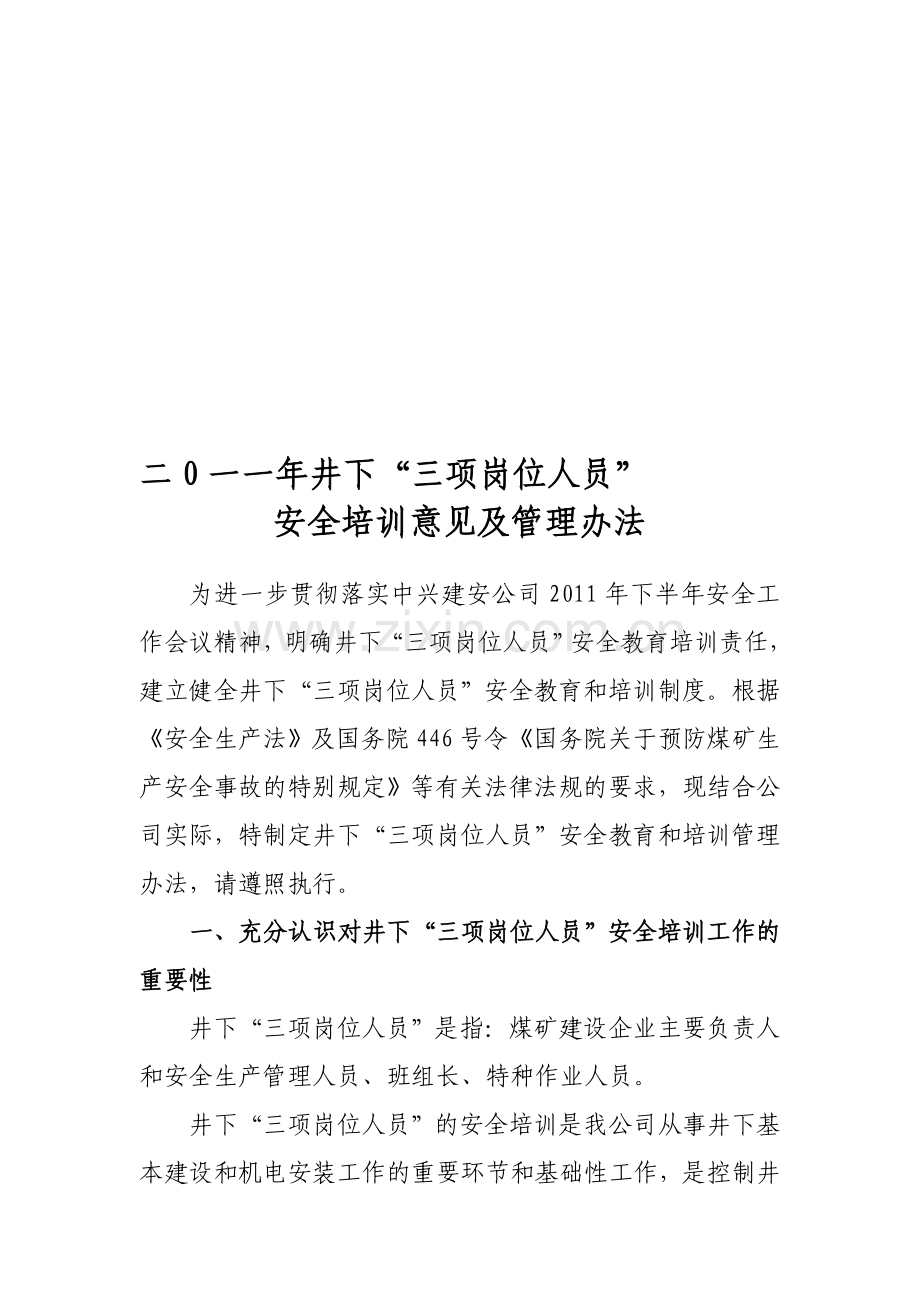 二0一一年井下“三项岗位人员”安全培训实施意见.doc_第1页