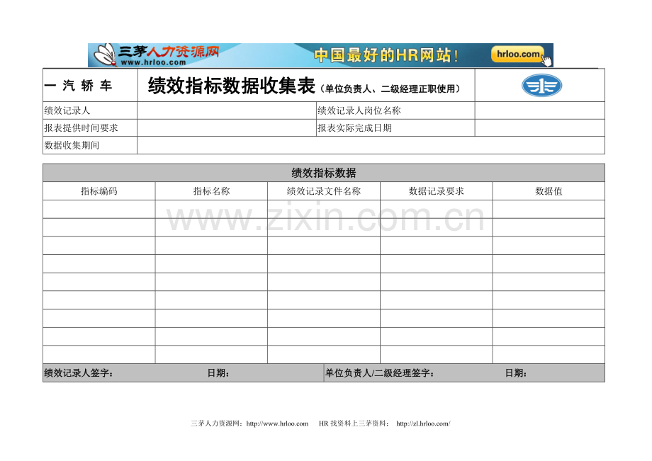 绩效指标数据收集表单位负责人-二级经理正职使用.doc_第1页