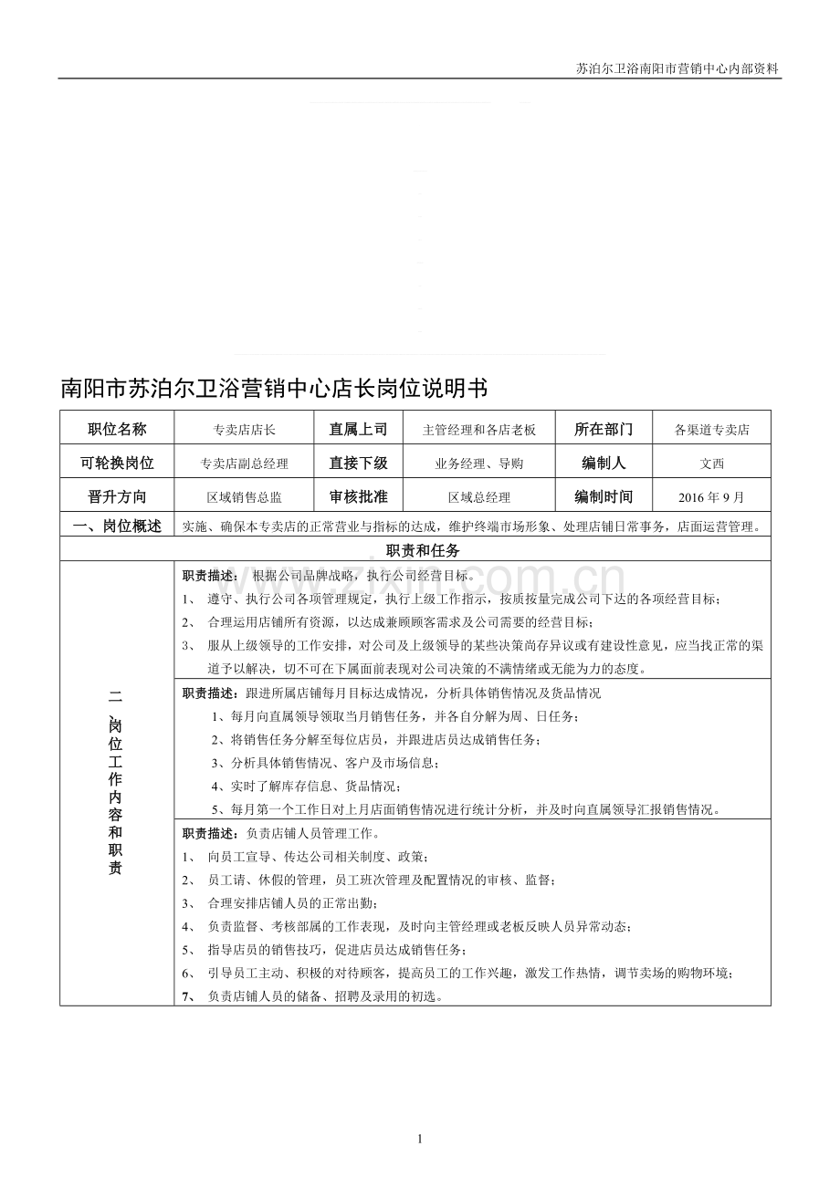 苏泊尔卫浴店长岗位说明书.doc_第1页