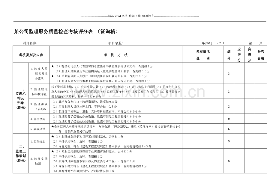 监理服务质量检查考核评分表..doc_第1页