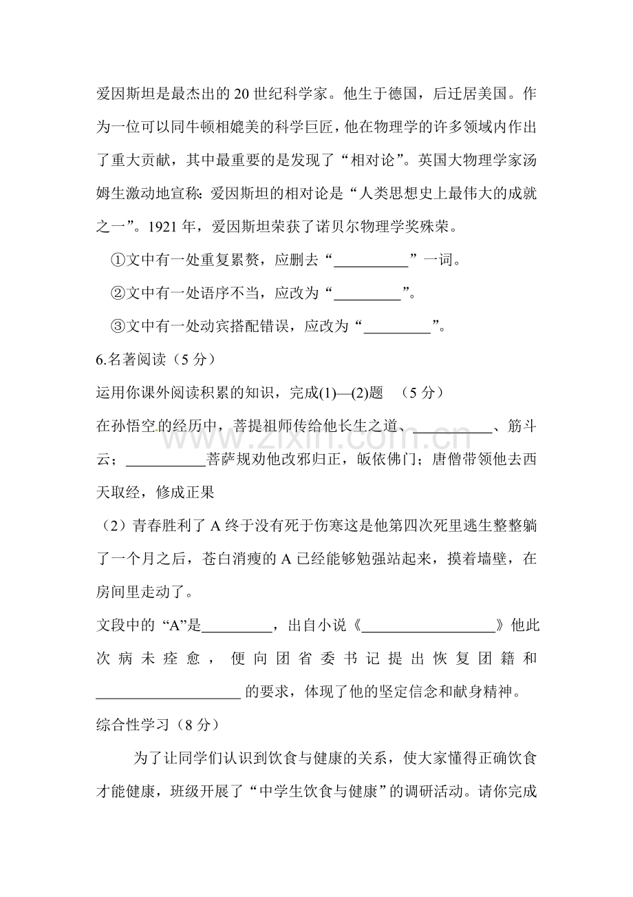 江苏省东台市2016届九年级语文下册第三次质量检测试题.doc_第3页