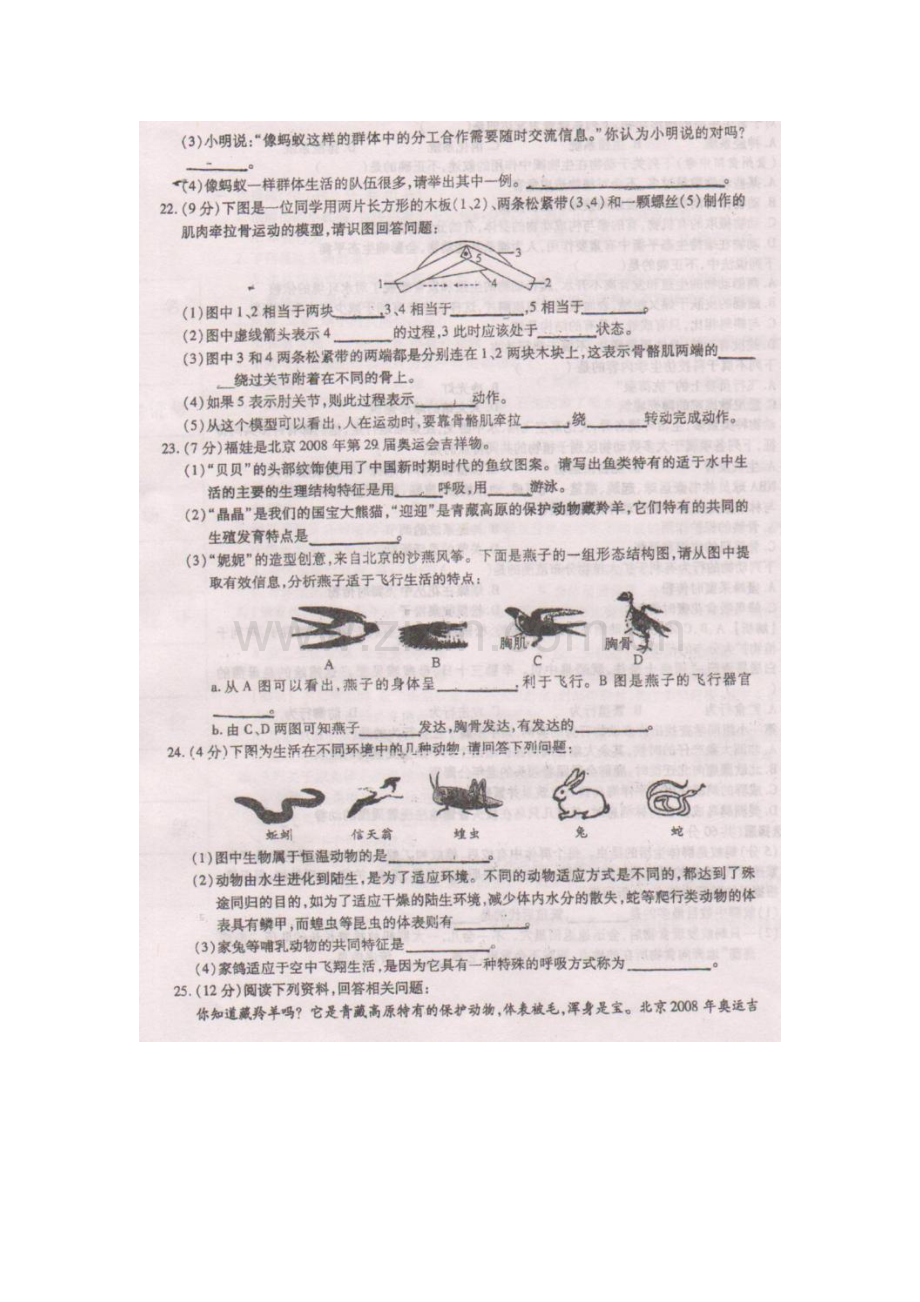 2015-2016学年八年级生物上册第一次月考调研测试2.doc_第3页