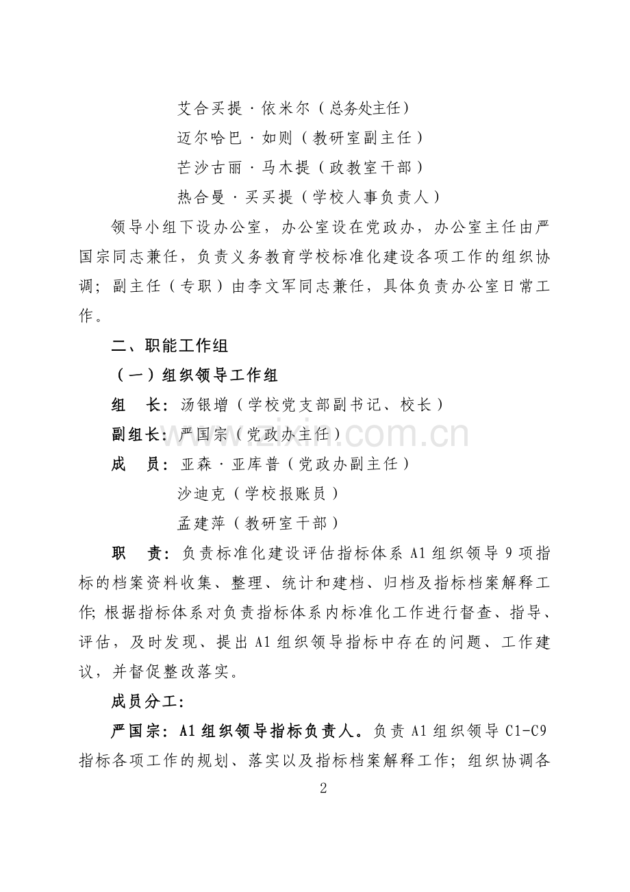 英瓦格九年一贯制学校学校标准化建设工作领导小组及科室、成员职责.doc_第2页