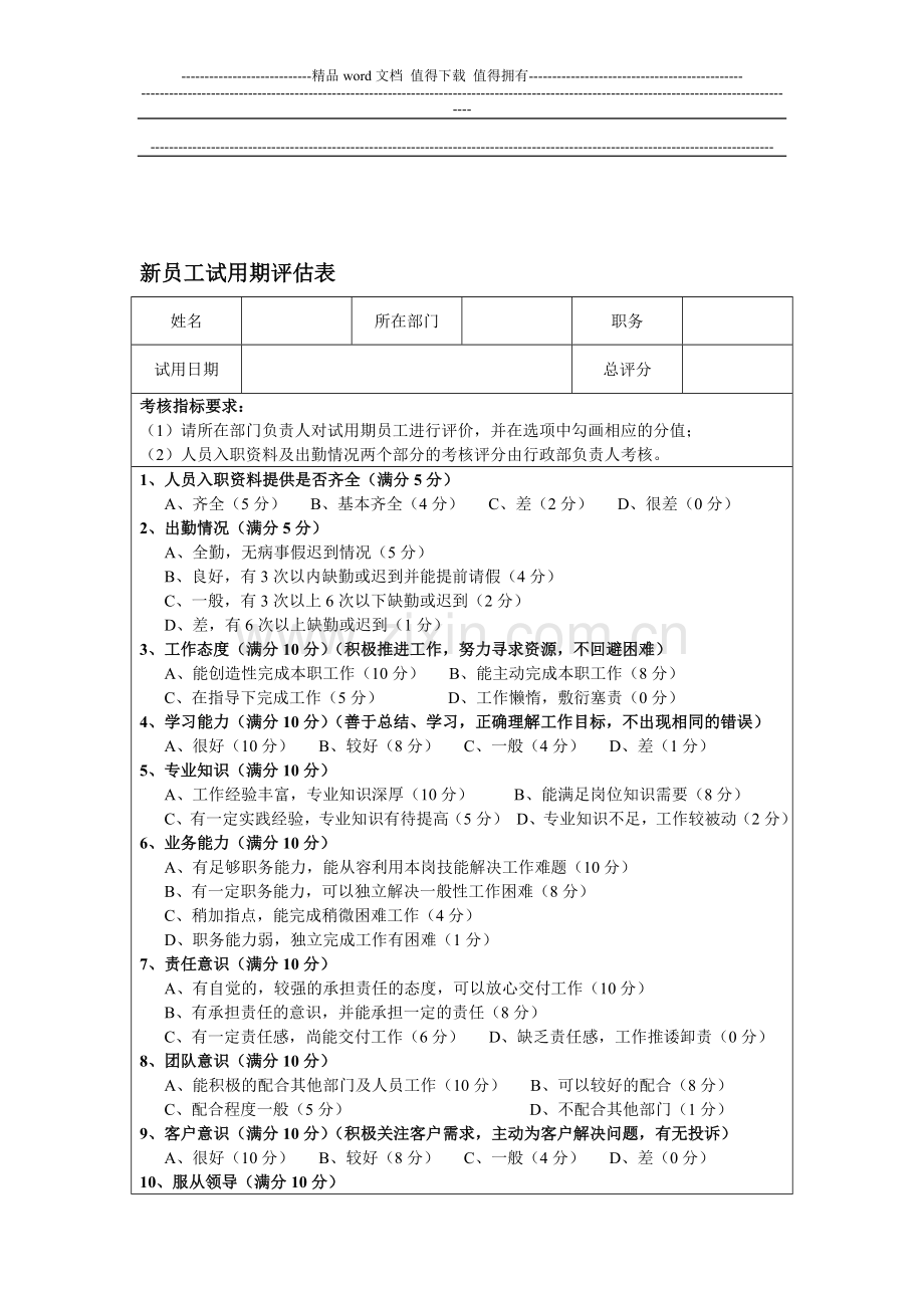 新员工试用期考核表2012..doc_第1页