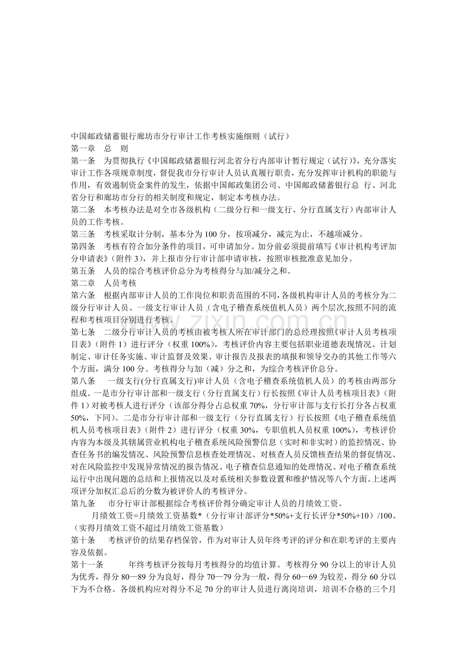 中国邮政储蓄银行廊坊市分行审计工作考核实施细则..doc_第1页