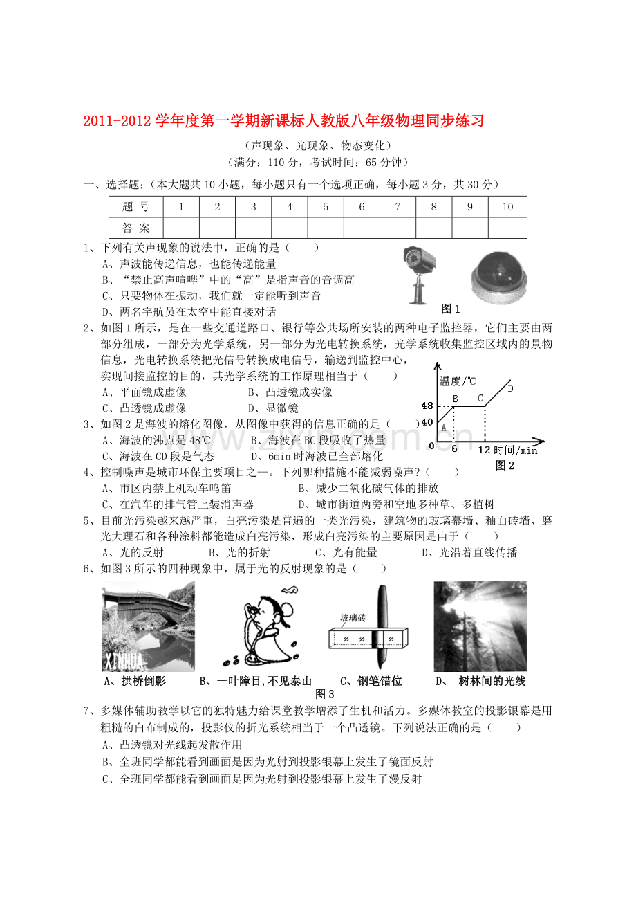 八年级物理上册-声现象-光现象-物态变化同步练习(无答案)-人教新课标版[1].doc_第1页