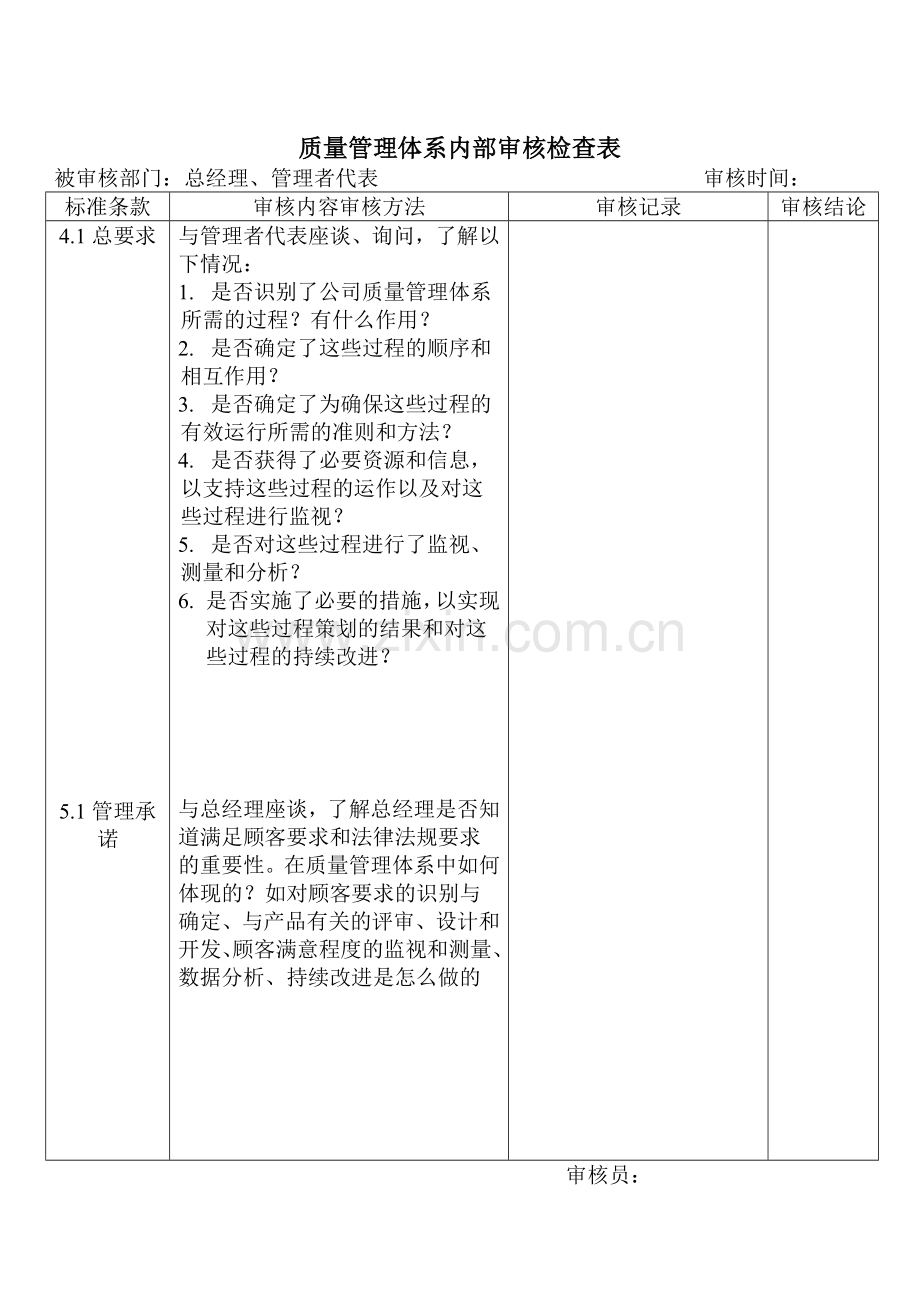 质量管理体系内部审核检查表(总经理、管理者代表).doc_第1页