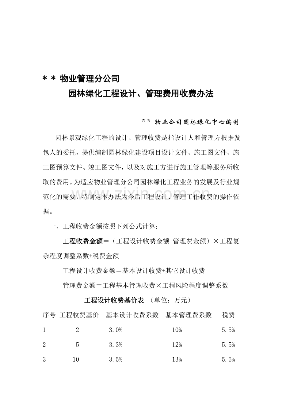 某某物业公司园林绿化工程设计、管理费用收费办法.doc_第1页