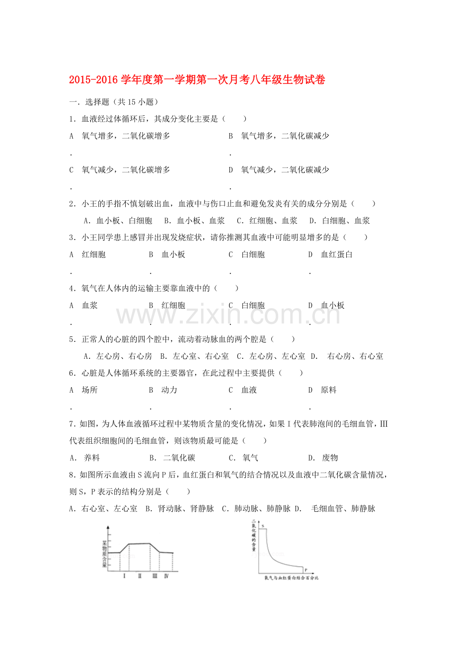 2015-2016学年八年级生物上册第一次质量监测试题.doc_第1页