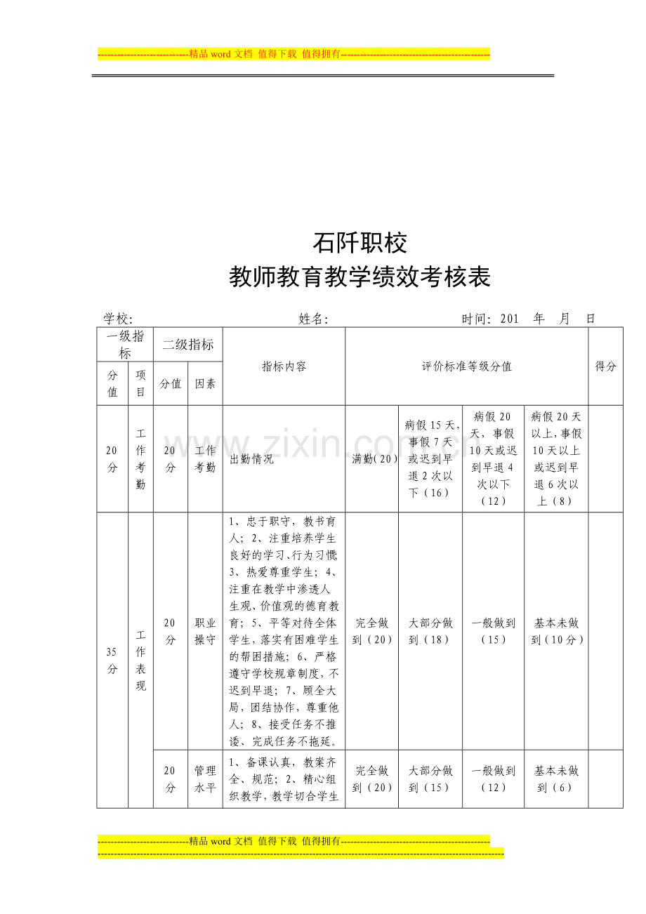 石阡县中等职业学校教师教育教学绩效考核表.doc_第1页