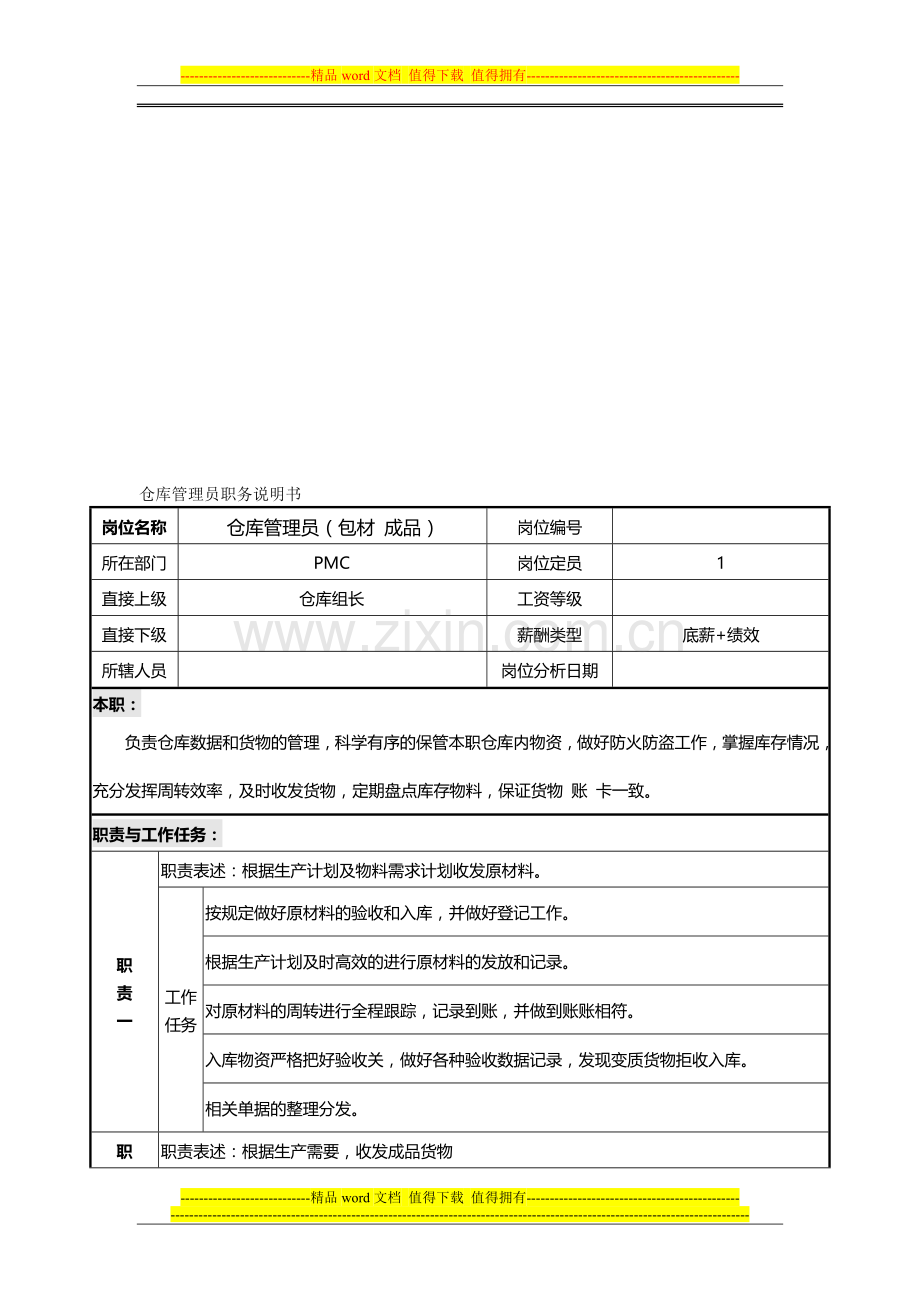 成品管理员岗位职责说明书21313.doc_第1页