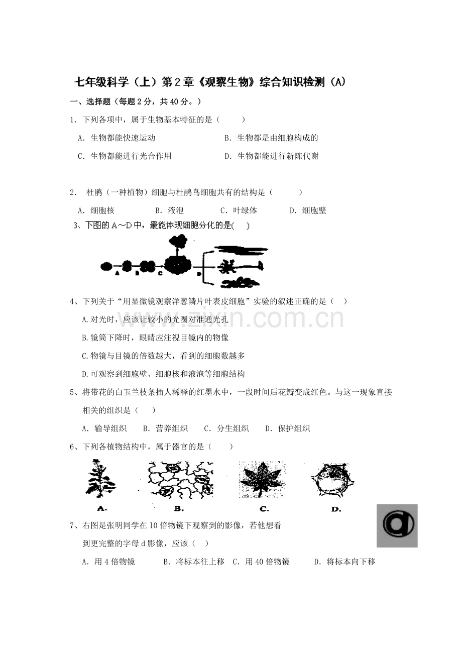 七年级生物上册第2章综合知识检测1.doc_第1页