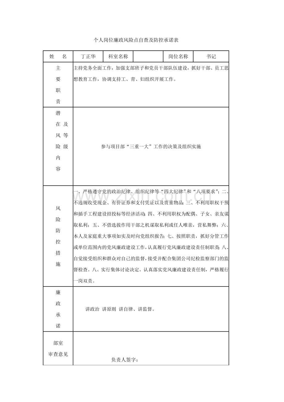 个人岗位廉政风险点自查及防控承诺表.doc_第1页