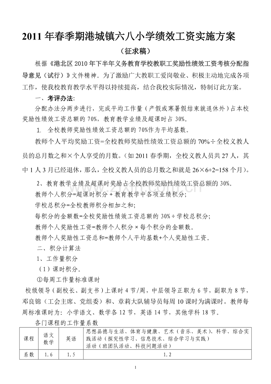 2011年春季期港城镇六八小学绩效工资实施方1.doc_第1页