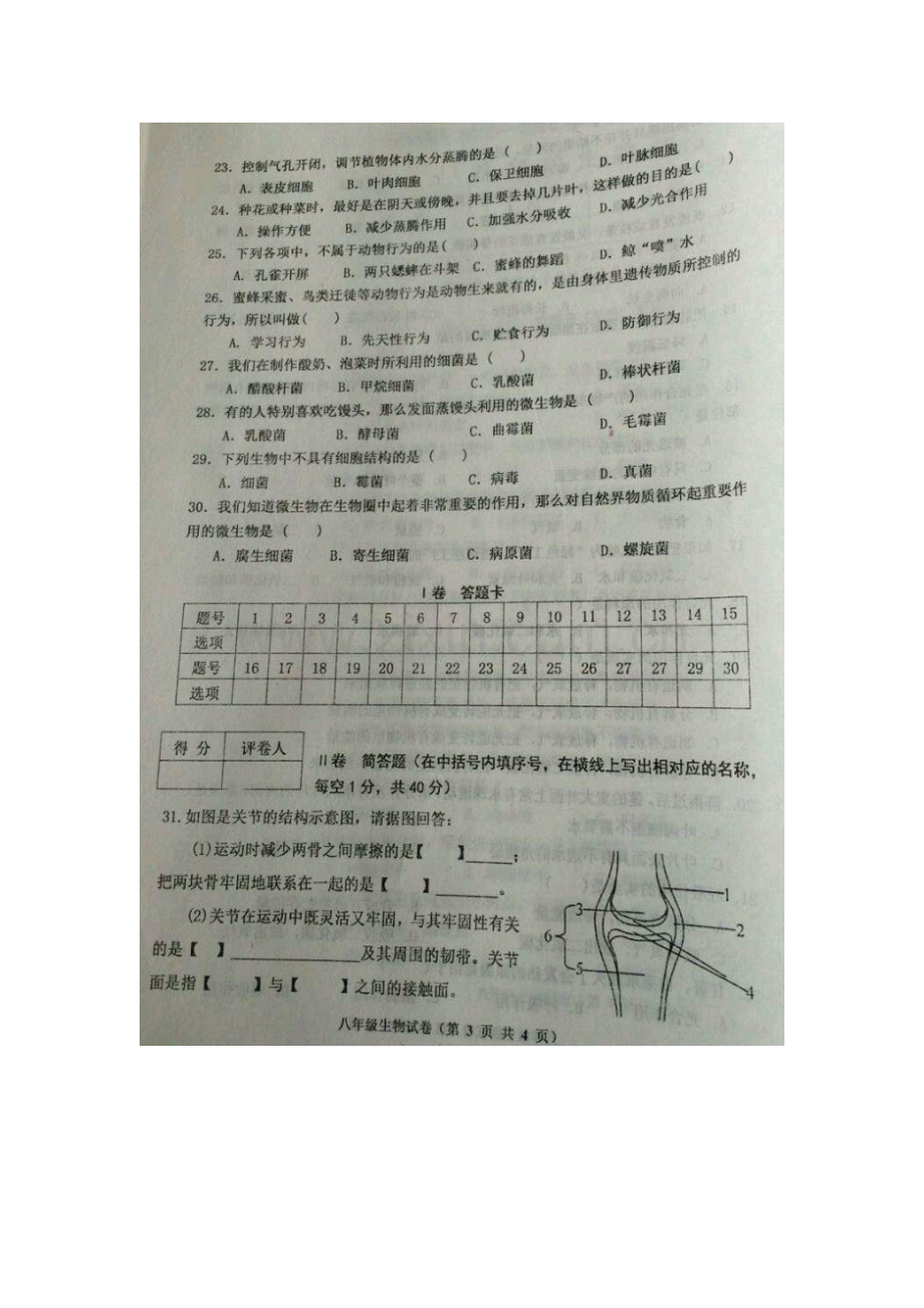 河北省唐山市2015-2016学年八年级生物上册期末试卷1.doc_第3页