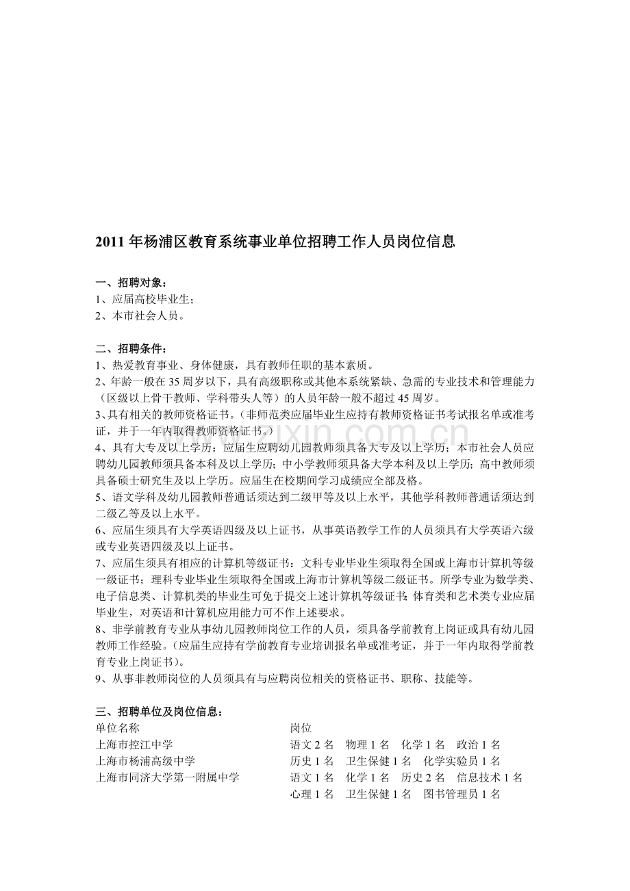 2011年杨浦区教育系统事业单位招聘工作人员岗位信息.doc_第1页