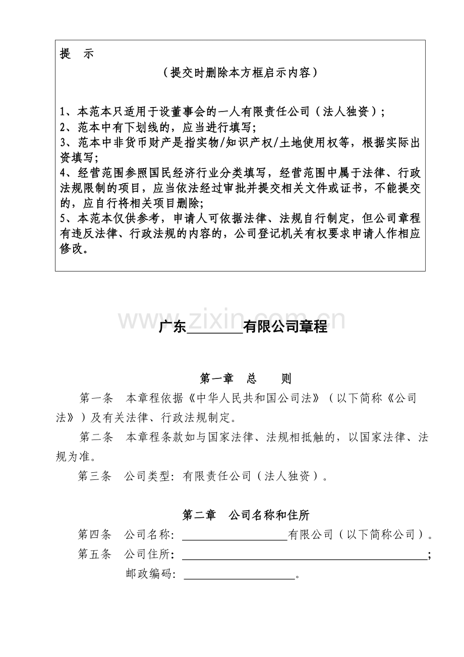 一人(法人独资)公司章程参考范本(适用于设董事会).doc_第1页