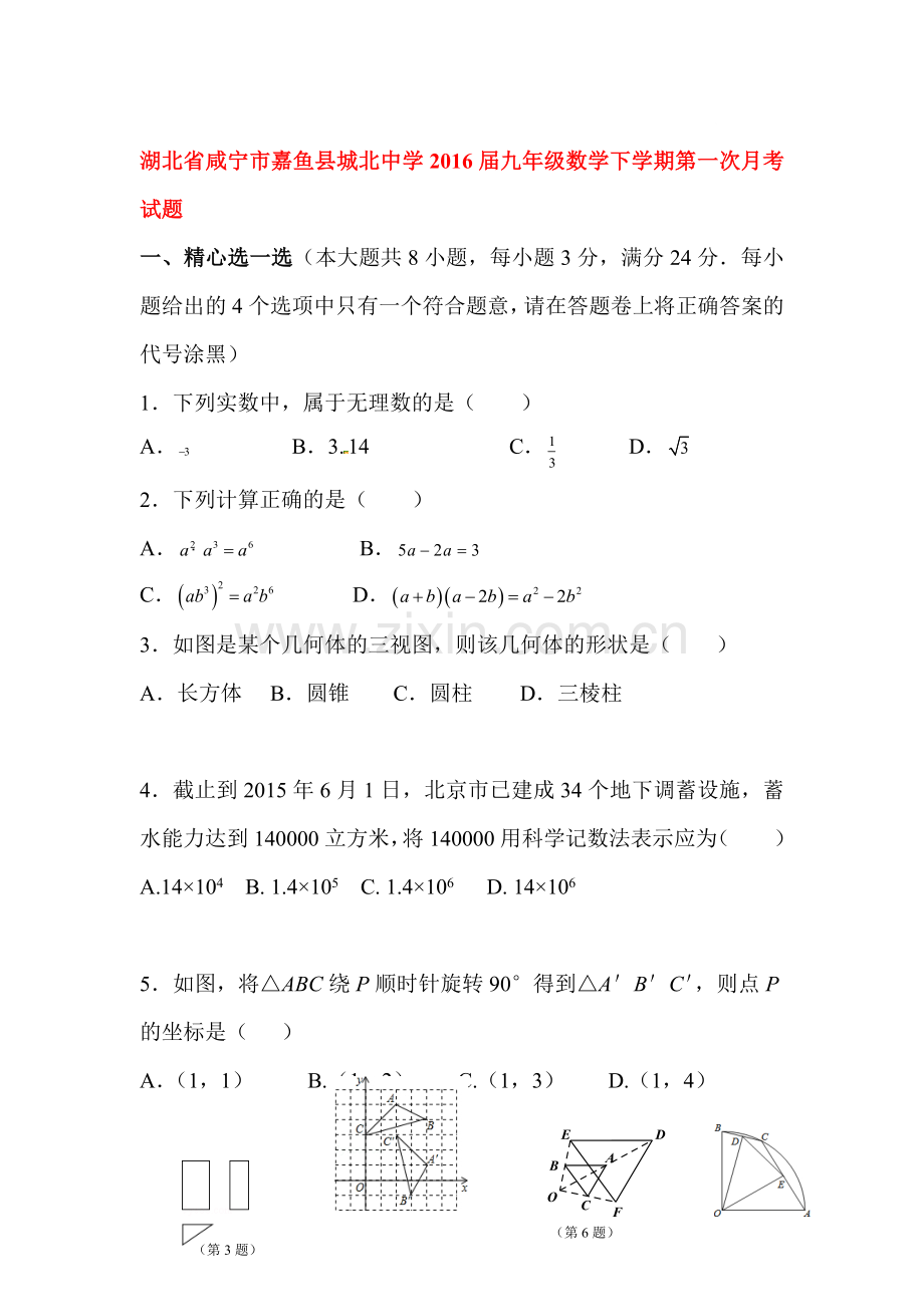 湖北省咸宁市2016届九年级数学下册第一次月考试题.doc_第1页