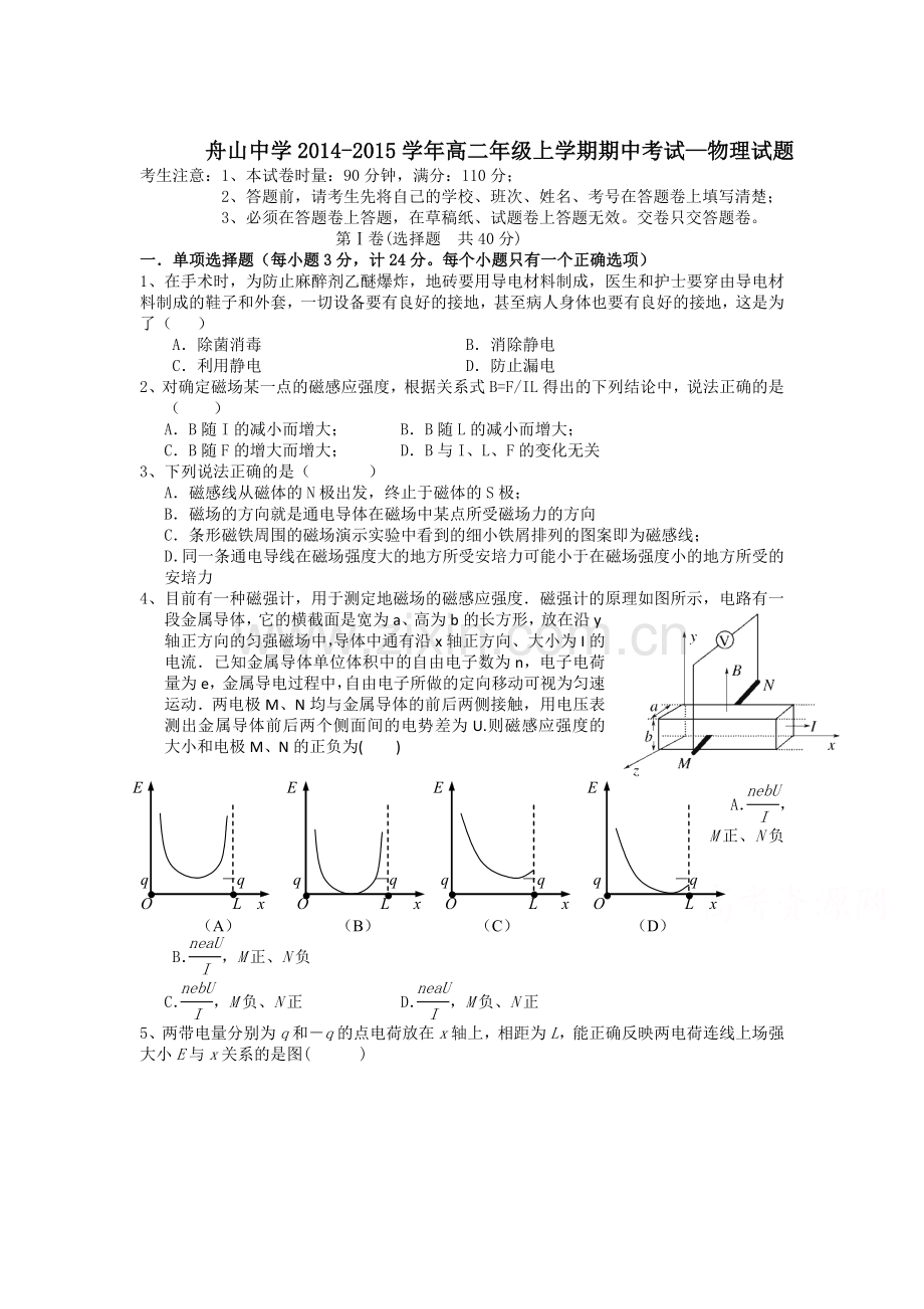 浙江省舟山中学2015-2016学年高二物理上册期中试题.doc_第1页