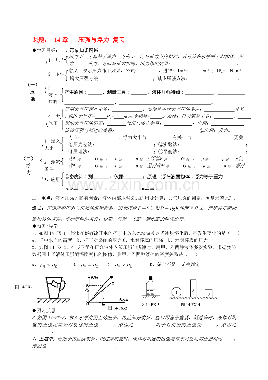 九年级物理-14章压强与浮力复习学案(无答案)-人教新课标版.doc_第1页