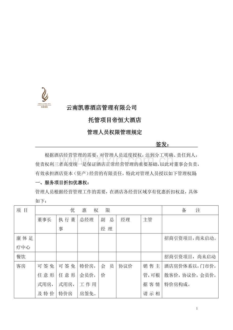 酒店管理人员权限管理规定.doc_第1页